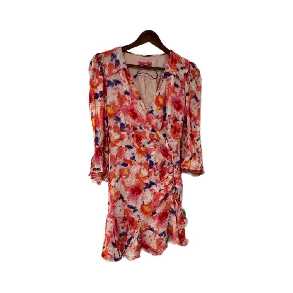 Betsey Johnson Floral Mini Dress Womens 0 Pink Excellent Ruffle Wrap V-Neck